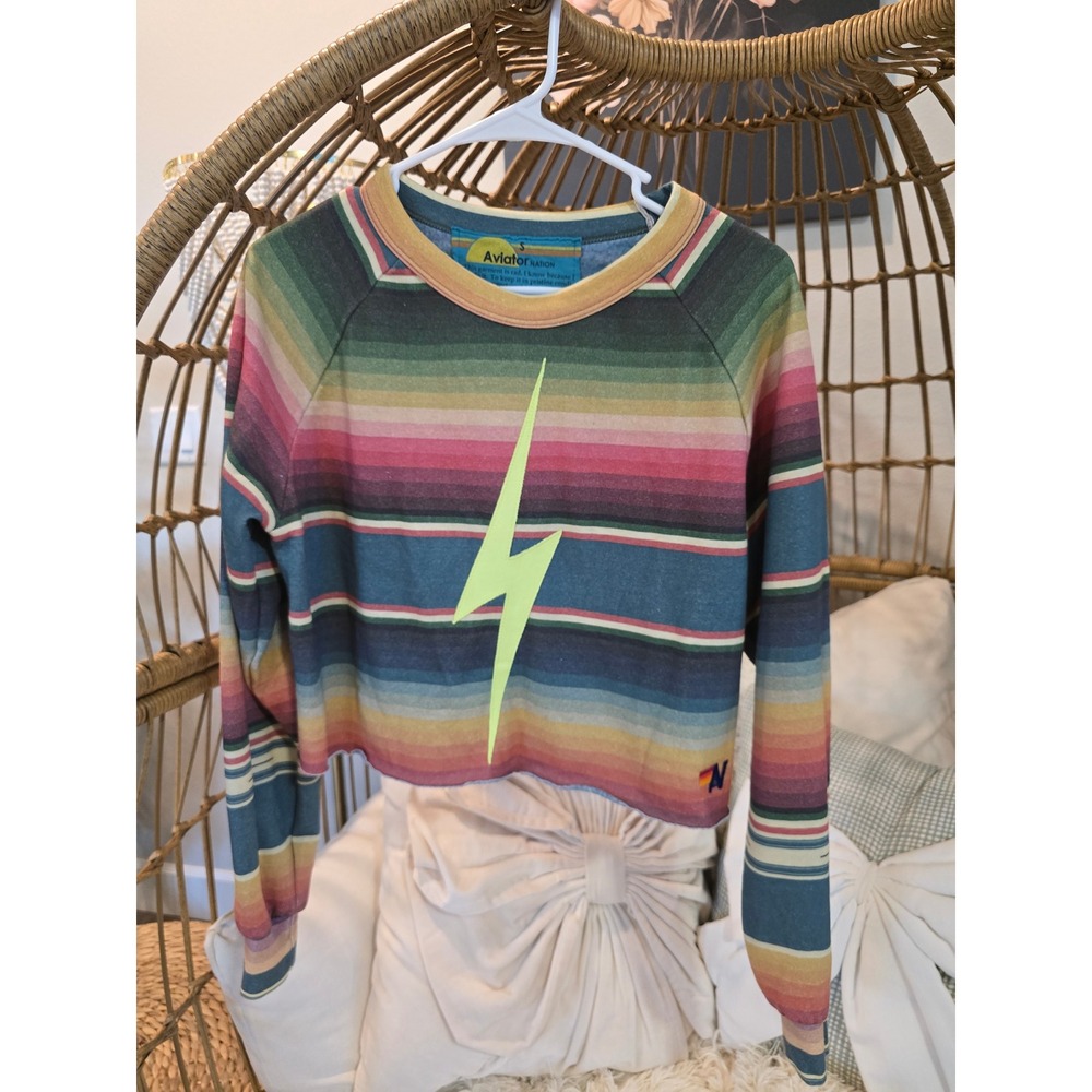 Aviator Nation Serape Bolt Cropped Sweatshirt Multi Stripe Neon Yellow Small - Picture 2 of 3
